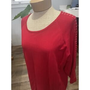 Calvin Klein Red Gold Studded 3/4 Sleeve Pullover Fine Knit Sweater XL